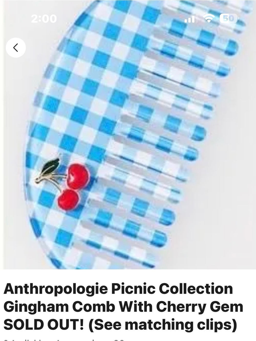 Anthropologie Blue Gingham Kids Cherry Comb